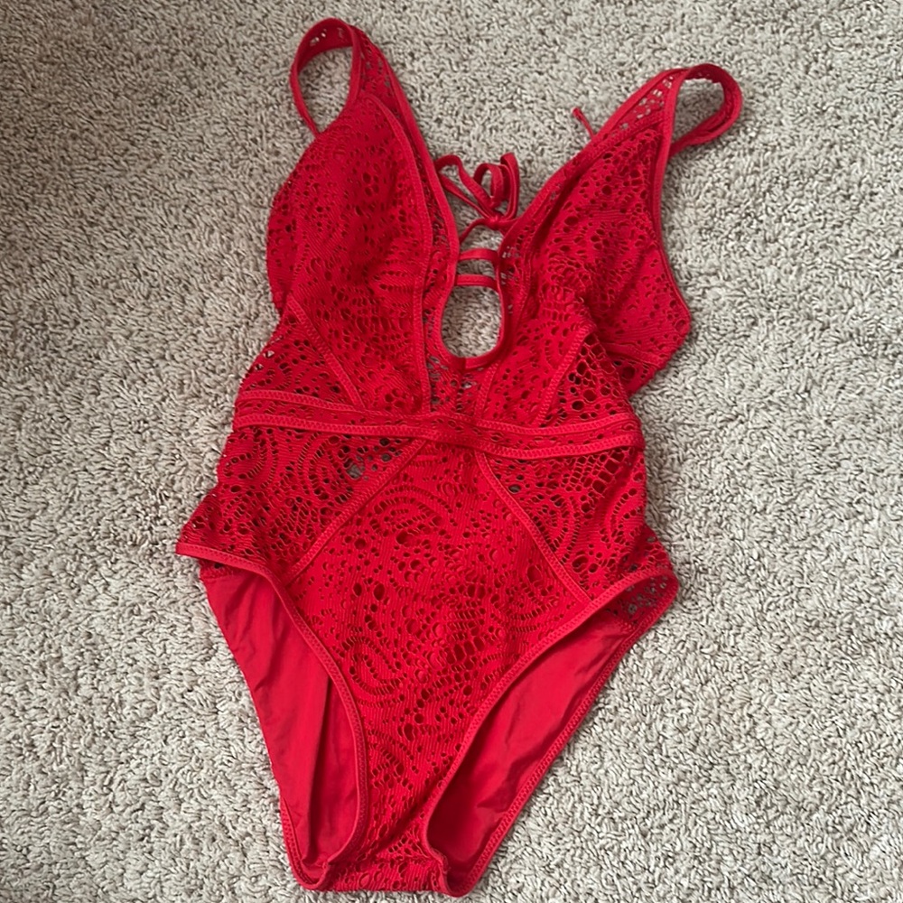 BECCA Red Lace One Piece Swimsuit with Plunging V-neck